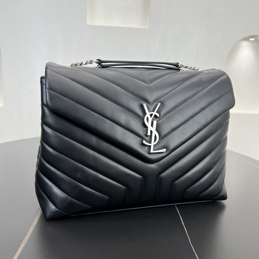 Saint Laurent Loulou Quilted Calfskin Shoulder Bag Handbag Black 457749 Silver